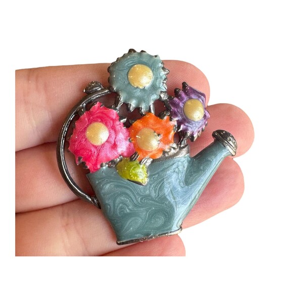 Vintage Enamel Flower Watering Can Floral Brooch Pin Colorful Spring - Picture 1 of 2